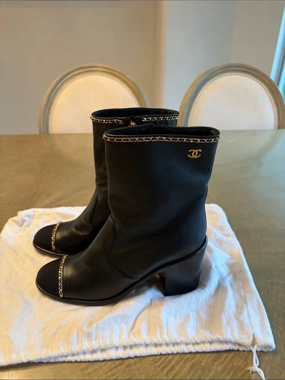 CHANEL Black Leather Golden Chain-Trim Block Heel Boots